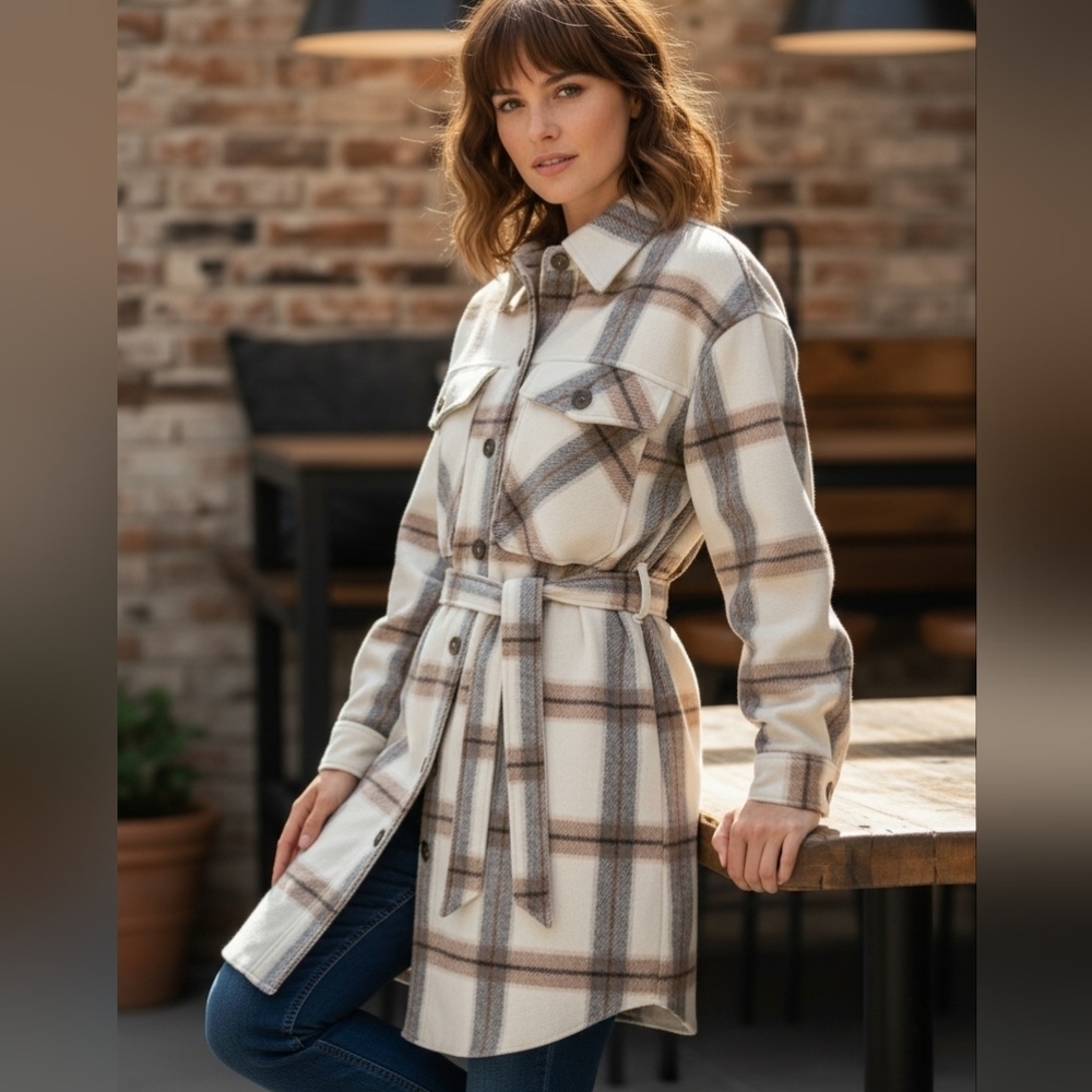 Frank And Oak Wool Shacket Plaid Pattern Cream Gray & Brown Women's Jacket